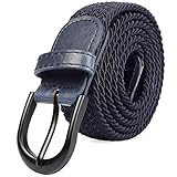 Braided Stretch Elastic Belt with Pin Oval Solid Black Buckle Leather Loop End Tip with Men/Women/Junior (Navy, Large 36