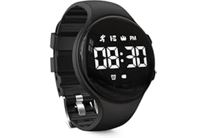 synwee Kids Led Pedometer Watch, Digital Steps Tracker, Non-Bluetooth, Vibrating Alarm Clock, Stopwatch, Great Gift for Children Teens Girls Boys (Round-Black)
