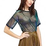 D.Kors Women Casual Blouses Summer NEW Sexy Ladies Tops Green Short Sleeve Drop Shoulder Iridescent Sheer Mesh Top
