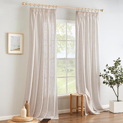 Woaboy Linen Curtains with Frunction Tape Curtains Bedroom Window Translucent Modern Curtains for Living Room Bedroom 2 Pieces 140 x 260 cm White
