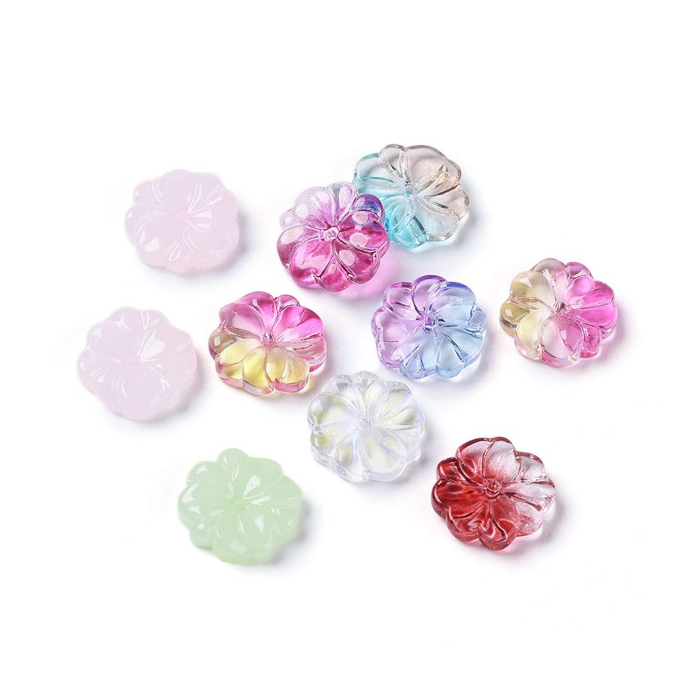 Beadthoven 100pcs Hibiscus Flower Transparent Glass Beads Colorful Clear Loose Pony Beads Charms for Necklaces Bracelets Earrings Jewelry Making Mixed Hole: 1.2mm