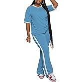 PINSV 2 Piece Sets for Women Summer Casual Short Sleeve Top and Flare Pants Lounge Sets