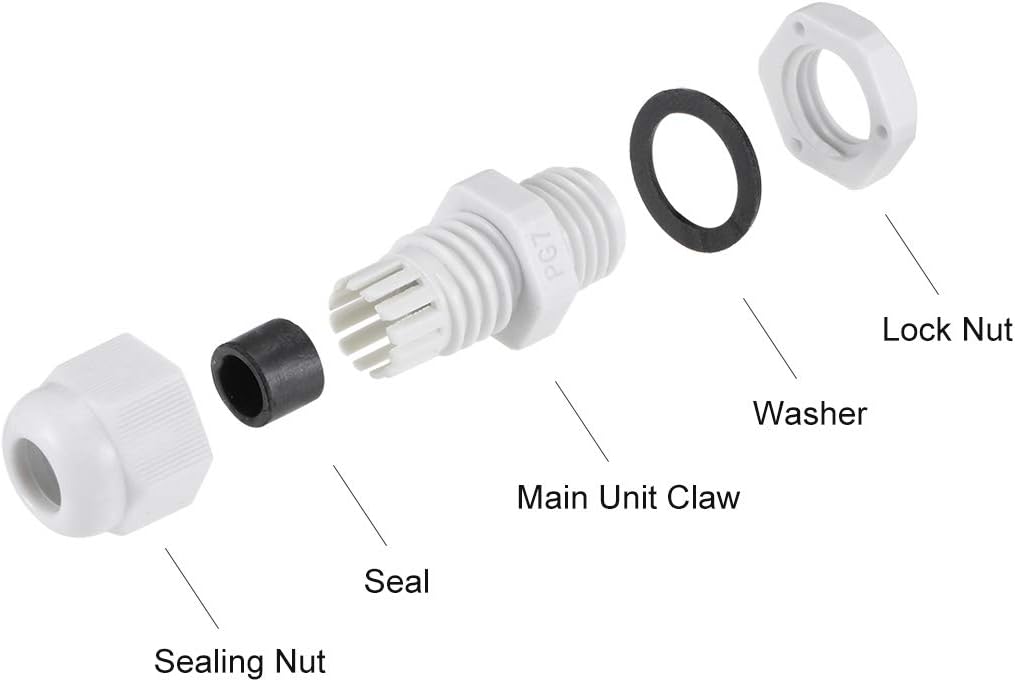 sourcing map 10Pcs PG7 Cable Gland 2mm-5mm Wire Hole Waterproof Nylon Joint Adjustable Locknut with Washer White - Image 4