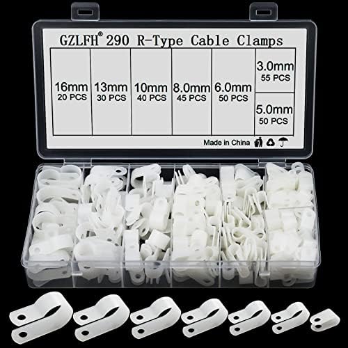 GZLFH Pack of 290 R Type Cable Clips, Nylon Cable Clamps, White, P Type Wire Clamp, 8 Sizes for Different Diameters, Wire Management (Packed)