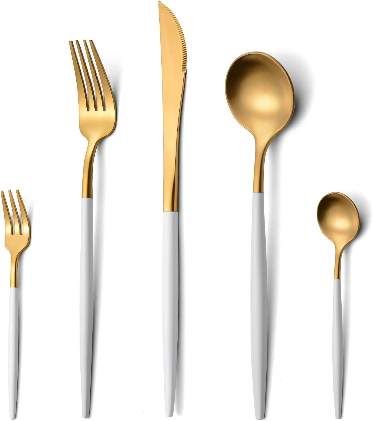 Matte Gold Silverware Set with White Handle, 5 Piece Luxury 18/10