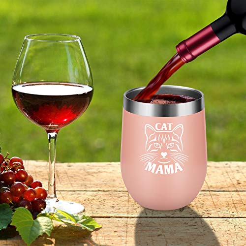 Cat Mama - LEADO 12 oz Stainless Steel Insulated Wine Tumbler with Lid and Straw, Unique Sippy Cup for Cat Moms, Cat Lovers, Funny Novelty Gift for Birthday, Valentines, Mother’s Day (Blush Gold)
