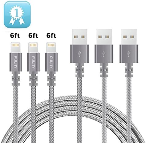 Lightning Cable,3-Pack(6ft) Nylon Braided for iPhone 5/5C/5S/6S/6S PLUS/7/7 plus, iPad Air, and more-Gray by FULITY