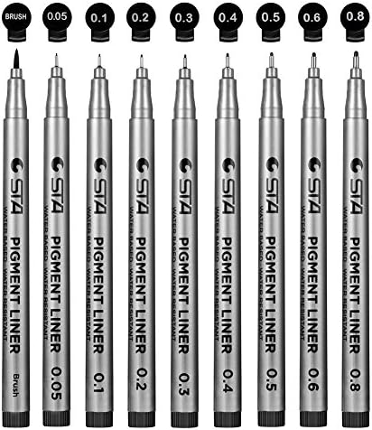 Set of 9 Black Liner Fineliner Drawing Pens Anti-Bleed for Artist/ Beginner Scrapbooking Illustration Graphite Drawing Micro Liner Pen with Brush from 0.05 to 0.8