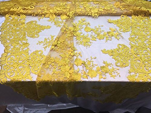 Lace Fabric - Embroidered Flowers 2 Way Stretch Yellow for Bridal Veil - Wdding Dress & Home Decorations by The Yard