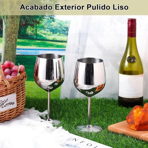 Copas de Vino Acero Inoxidable con Tallo 500ml 2 Pieza, Taza Cobre de Vino Tinto Cóctel Inastillable Fácil de Limpiar, Copas Irrompible para Aniversarios Navidad Fiesta Piscina Boda, Alto 21cm (Plata)