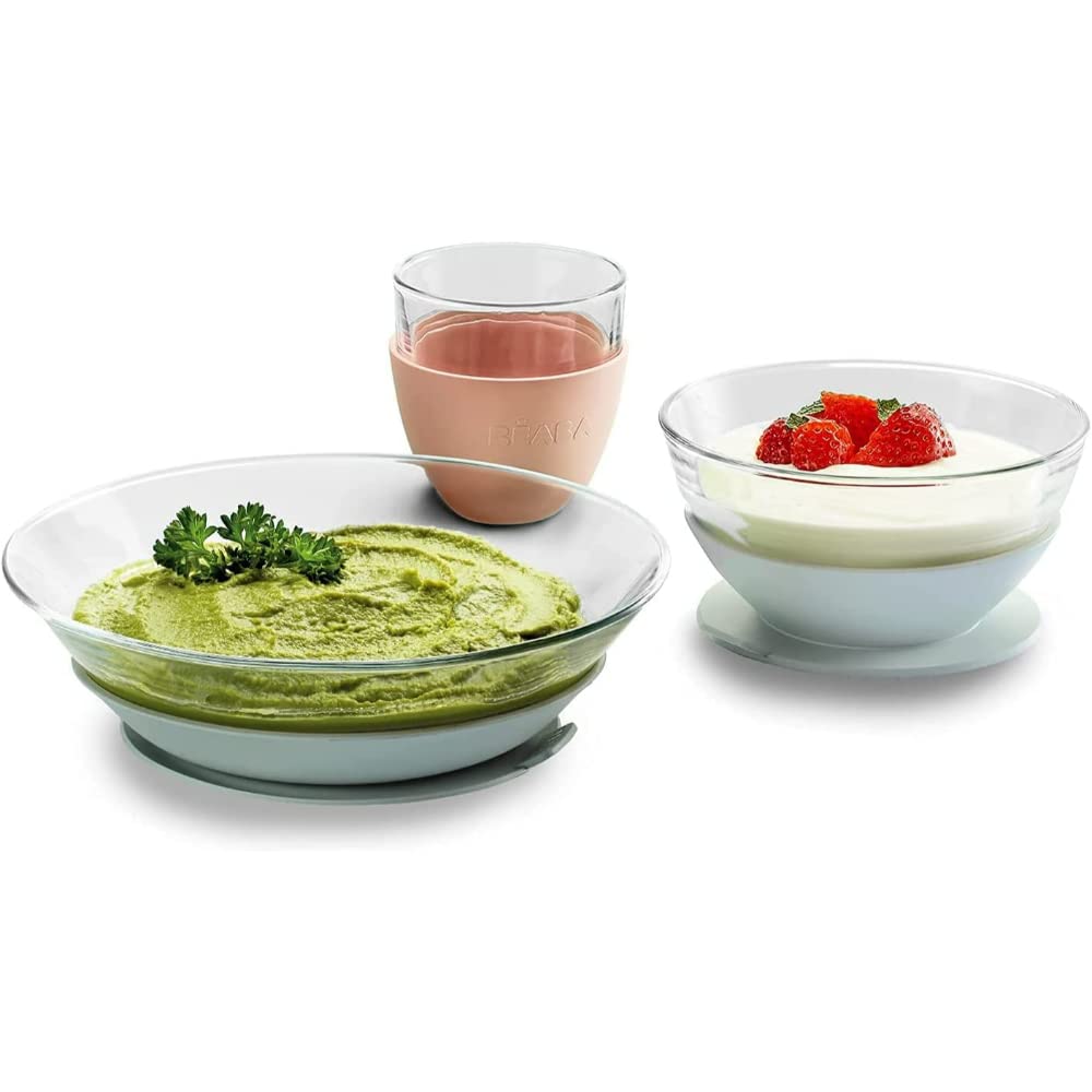 Béaba & Duralex - Feeding Meal Set - Set of 3 Pieces : Plate + Bowl + Cup - with Silicone Suction Pad - Ergonomic, Adaptable, Safe - Baby and Children - Made in France - Eucalyptus