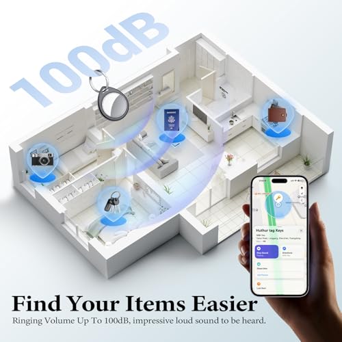 QCOQ Air Tags 4 Pack, Smart Key Finder Work with Find My (iOS Only), 100dB Bluetooth Tracker, Smart Tag with Keychain/Lanyard, Item Finder for Luggage/Key/Suitcases, Replaceable Battery