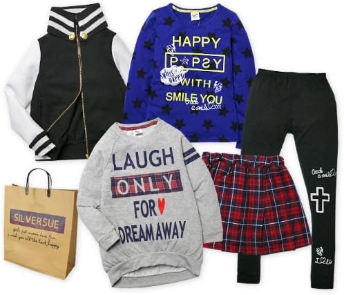 Amazon 子供服 女の子 福袋 長袖 アウター ボトム Silver Sue 5点セット裏起毛 スタジャン 裏毛 チュニック Tシャツ スカート レギンス 女児 ジュニア 140cm Tシャツ カットソー 通販