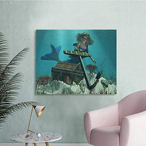 Anzhutwelve Mermaid Photographic Wallpaper Mermaid in Ocean Sea Discovering Pirates Treasure Chest Mythical Art Print Space Poster Azure Brown Cream W32 xL24