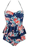 Cocoship Red Pink & Navy Blue Antigua Floral Peplum Women's Retro Push Up High Waist Bikini Set Chic Swimsuit Swimwear XXXL(FBA)