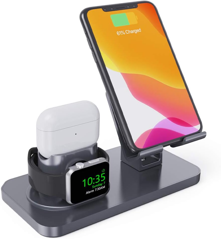 Charging Stand for Apple Watch Series 5/4/3/2/1, 3 in 1 Stand Dock Station Holder for Airpods 2/1/Pro, Rotation Desktop Stand Charger for iPhone 11 Pro Max/Xs Max/Xs/Xr/X/8/8Plus iPad Tablet (Gray)