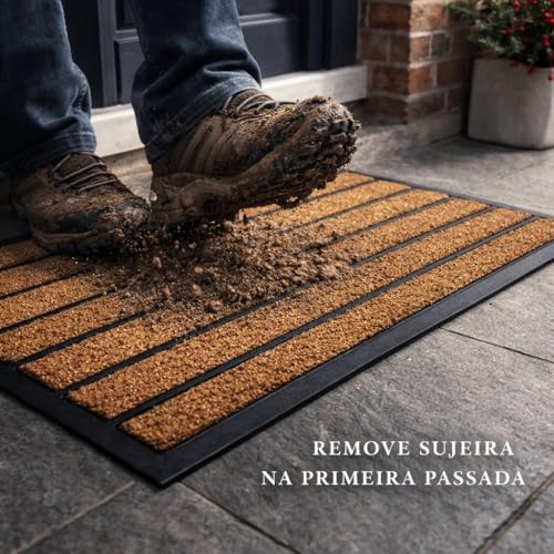Tapete Capacho de Entrada Fibra de Coco Natural com Base Antiderrapante em Borracha 40x60cm Listrado para Porta Interna e Externa