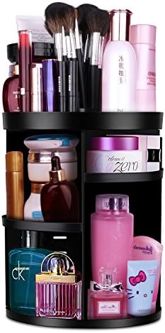 MOFIR Makeup Organizer 360 Degree Rotating, Adjustable Multi-Function Cosmetics Storage Box, Small Size Extra Large Capacity, Fits Different Sizes of Cosmetics (Circle with Grid Top, Black)
