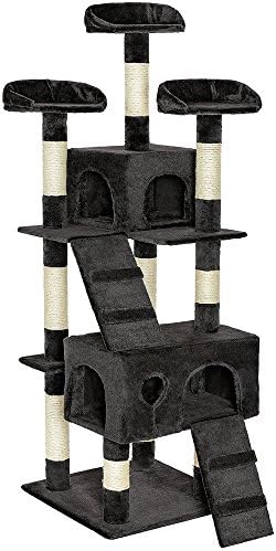 TecTakeMulti-Level Cat Tree with Sisal Cat Scratching Posts, Soft Plush Fabric, 2 Cosy Cat Houses, 3 Perches, 2 Ladders, Durable & Stable Build - 170 cm Cat Tower with Anti-Tip Protection - Black