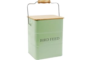 Brabtod Metal Bird Seeds storage container,Outdoor Bird Food Container Canister, Pet Food Bin with Wooden Lid/Handle/Food scoop,hold 5-6 Lbs of Wild Bird Seed Sunflower Seed-Preventing Squirrels-Green