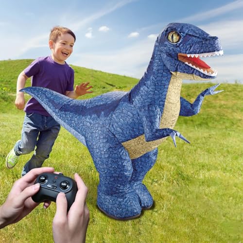 Remote Control Dinosaur Toys, Realistic Electric 2.4GHz Remote Control Inflatable Dinosaur Toy, with 360°Rotation, Forward & Backward, Rechargeable Walking Dinosaur Toy for Kids 3+ Gifts, Bule