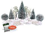 Christmas Village Accessories - Set of 9 Flocked, Frosted Christmas Trees and a Bag of Fake Snow - Winter Tree Decorations for Christmas Villages Displays - Nativity Scenes - Holiday Crafts