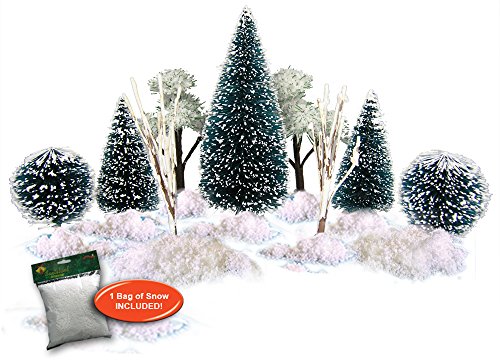 Christmas Village Accessories - Set of 9 Flocked, Frosted Christmas Trees and a Bag of Fake Snow - Winter Tree Decorations for Christmas Villages Displays - Nativity Scenes - Holiday Crafts