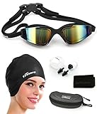 Firesara Swim Cap Swimming Goggles, Swimming Cap for Long Hair Swimming Glasses Anti Fog UV Protection for Adults Youth Men Women Boys Kids with Nose Clip Ear Plugs Sets