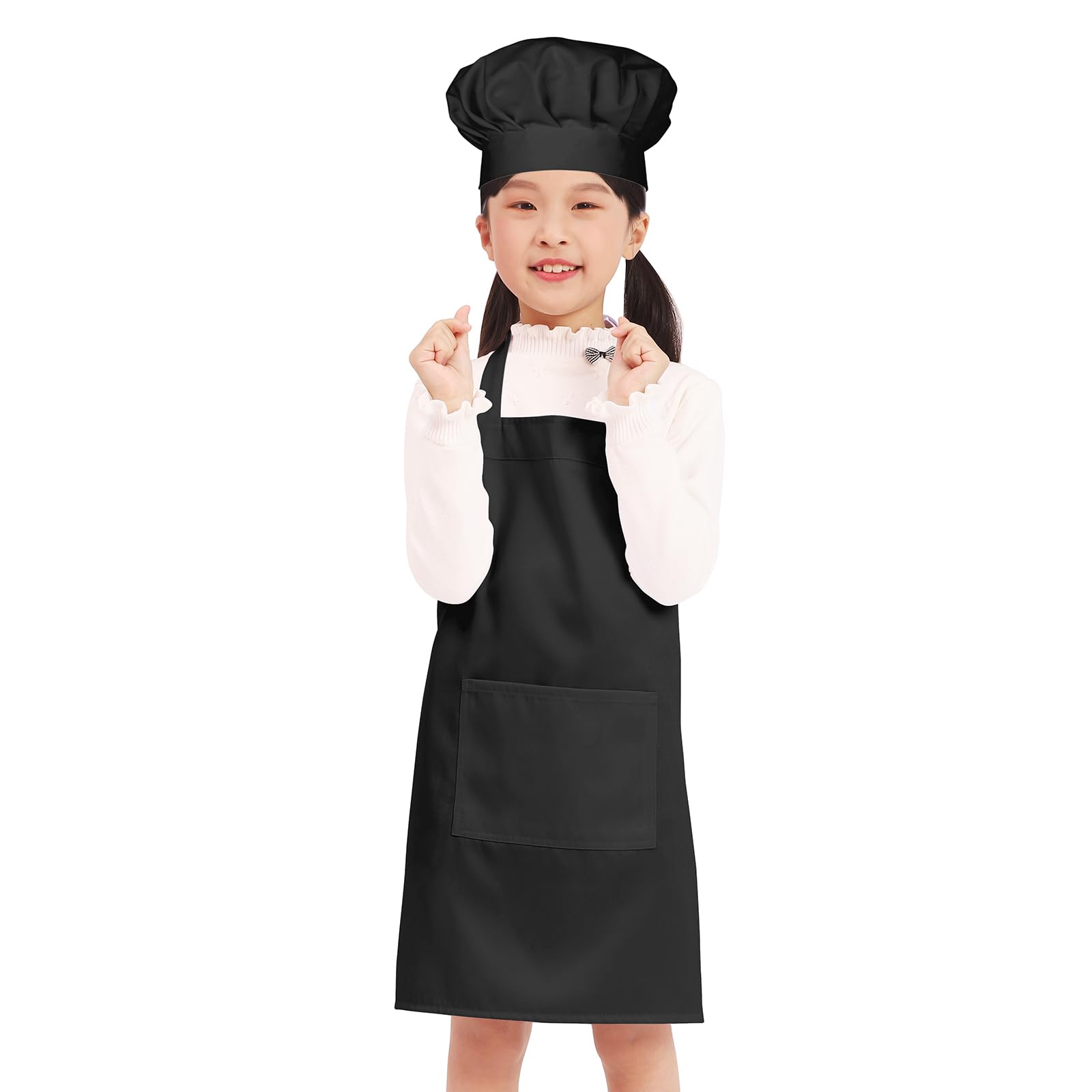 BIGHAS Kids Apron Chef Hat Adjustable Neck Strap Hook and Loop Fastener Design Waistband for Baking, Painting, Cooking (Black, (3'11"-4'7") M) — image 1