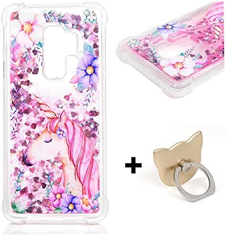 Case for Samsung Galaxy S9 Plus, TPU Silicone Bling Glitter Sparkle Liquid Flowing Quicksand Shockproof Protective Niocase Waterfall Case Soft Phone Case for Samsung Galaxy S9 Plus, Flower Unicorn