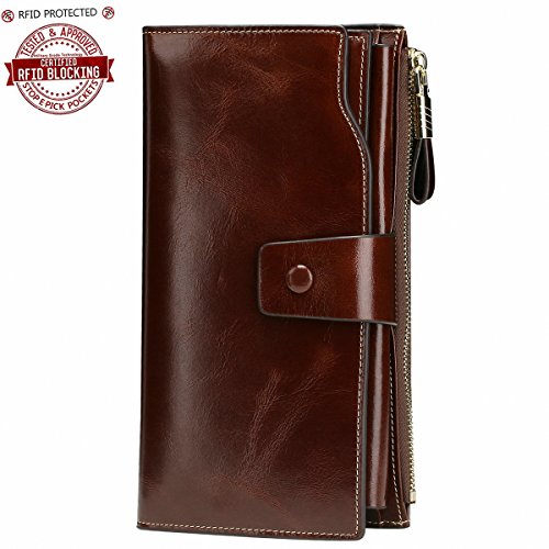 Itslife Women's RFID Blocking Large Capacity Luxury Wax Genuine Leather Cluth Wallet Ladies Card holder (Coffee RFID Blocking)