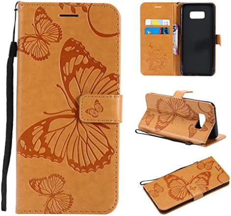 Galaxy S8 Plus Wallet Case,SMYTU Premium Emboss Butterfly Pattern Flip Wallet Shell PU Leather Magnetic Cover Skin with Wrist Strap Case For Samsung Galaxy S8 Plus 6.2"(B-Yellow)