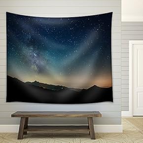 Night Sky Stars with Milky Way on Mountain Background - Fabric Wall Tapestry Home Decor - 51x60 inches
