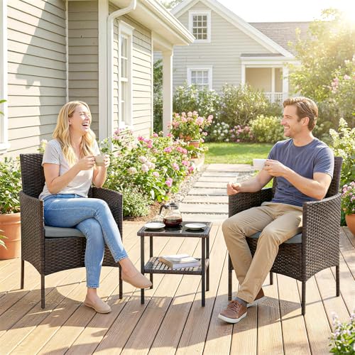 Outsunny 3 Piece Wicker Patio Furniture Set, Rattan Bistro Set with 2 Patio Chairs, 2-Tier Glass Table, Cushions, Outdoor Conversation Furniture for Porch, Balcony, Dark Grey