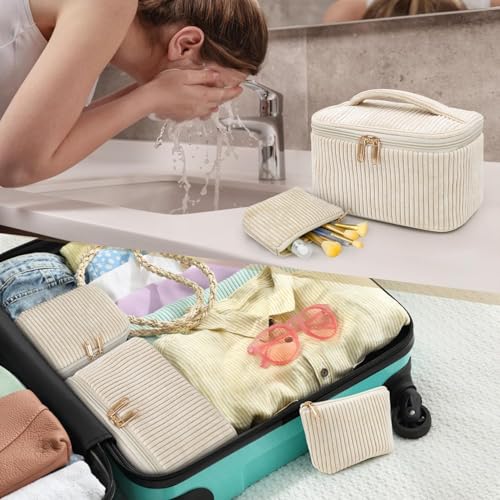 Last page® Cosmetic Bags Set, 4PCS Corduroy Cosmetic Storage Bag, Women's Makeup Bag Set, Travel Toiletry Bag, Makeups Organizer with Zipper, Perfect for Travel, Daily Organization
