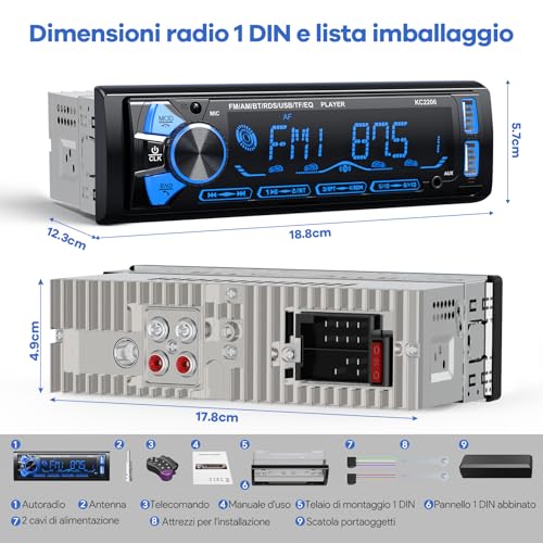 RDS Bluetooth Car Radio with Removable Faceplate, Wistrue Car Stereo Bluetooth with Remote Control, 4 x 65 W 1 DIN AM/FM Car Radio with MP3 Player and Two USB Ports Supports AUX/SD/iOS/Android (Multi-Colour)