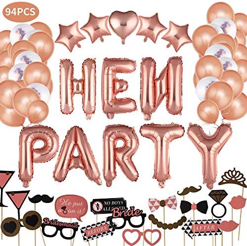 JUSTIDEA 94Pcs Rose Gold Hen Party Decorations Accessories, Bachelorette Decorations Banners Heart Shape 40 Foil Balloon, Confetti Latex Balloons for Party Decorations with Photo Booth Props