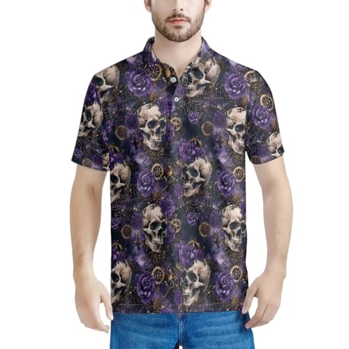 HUGS IDEA Gothic Skull T-Shirt for Men Purple Rose Golf Shirts for Men Abstract Art Quick Dry Collared Shirts Casual Comfortable Short Sleeves Regular Fit T-Shirts at Amazon