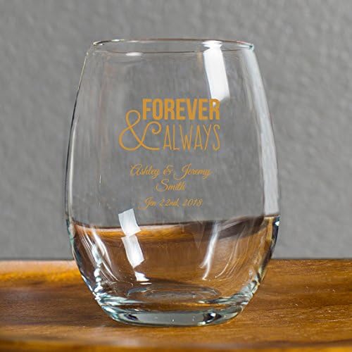 Forever and Always 9 Oz Toasting Glasses, Case of 72 Custom Printed Stemless Wine Glasses (Gold Ink). Wedding Favors, Personalized Stemless Wine Glass, Custom Wine Glass Favor for Weddings.