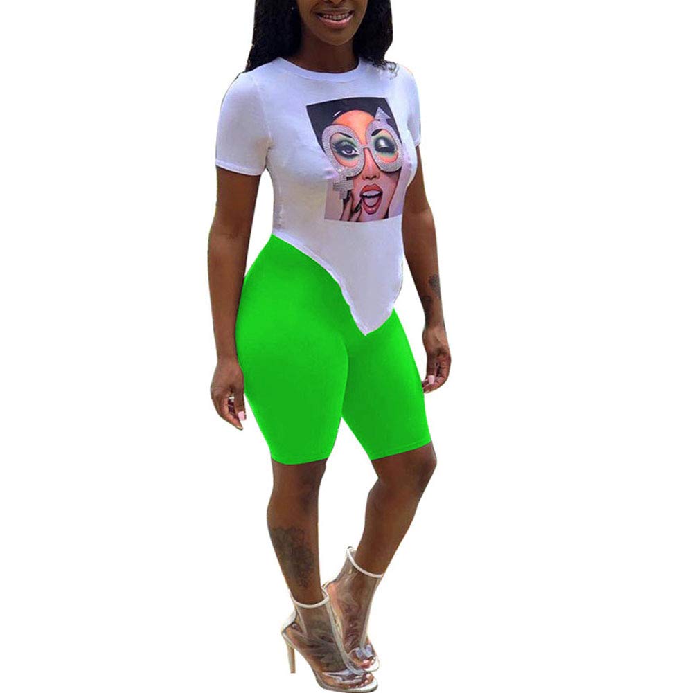 Womens 2 Piece Outfits Short Sleeve Crop Top - Unique Drilling Print Pants Set Green