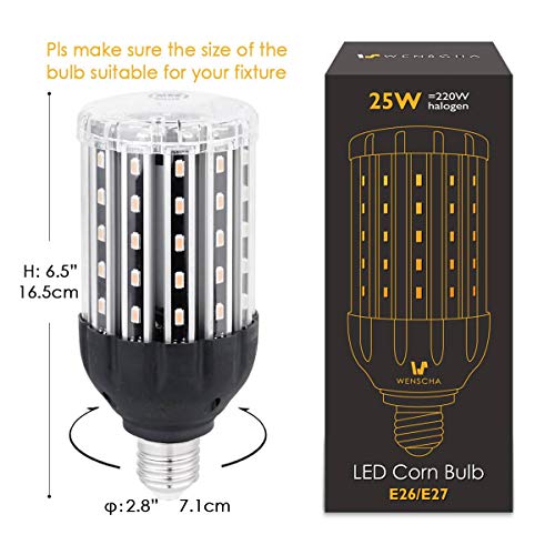25W E26 LED Corn Light Bulb, Wenscha 25W 3000K Soft Warm White 2500 Lumen 220W Equivalent Super Bright LED Bulb Lamp for Indoor Outdoor Large Area Garage Factory Warehouse Backyard Garden Porch