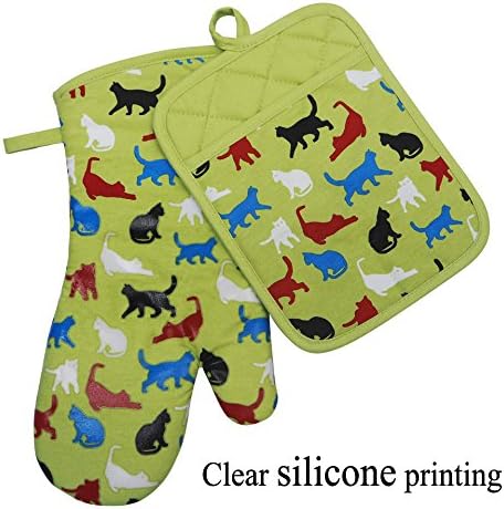 Heat Resistant Kitchen Oven Mitts With transparent Non-slip Silicone Printed on cats design, oven gloves and pot holder set for BBQ cooking baking, Grilling, Barbecue, microwave, Machine Washable