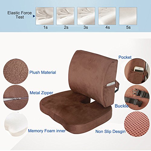 Lower back Pain Support Memory Foam Seat Cushion and Lumbar Support Back Pillow for Tailbone and Sciatica Relief Office Chair and Car Backrest Cushion with Premium Adjustable Strap Qutool (Coffee) - Thumbnail 2