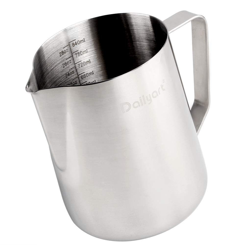 Dailyart Milk Frother Jug 900ml/30fl.Oz. 304 Stainless Steel Metal Milk Jug for Coffee Machine - Coffee Accessories Barista Milk Steamer Jug for Latte Cappuccino
