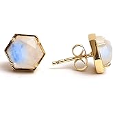 Gempires Gemstone Hexagon Shaped Prong Bezel Stud, 14k Gold Plated, Hypoallergenic and Minimal Jewelry, Healing Christmas Gift For Her
