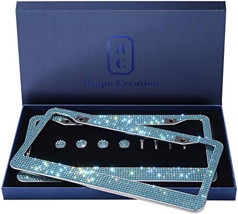 2 Pack Luxury Handcrafted True Color Aqua Blue Rhinestone Premium Stainless Steel Bling License Plate Frame