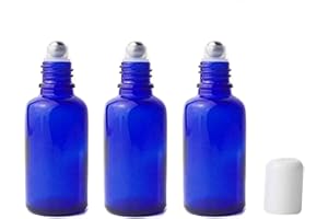 ERICOTRY 3Pcs Refillable Empty Blue Glass Roll-on Roller Bottles with Stainless Steel Roller Balls and White Cap for Essential Oil Perfumes Lip Balms Attar Travel Container (30ml/1oz)
