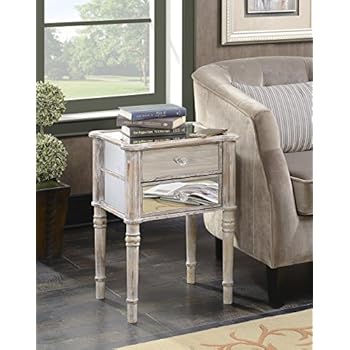 Convenience Concepts Gold Coast Collection Mayfair Mirrored End Table, Weathered White