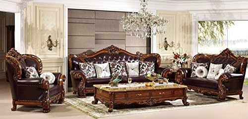 Ma Xiaoying Genuine Leather,Solid Wood Beech, Traditional Collection Living Room Furniture Set (Sofa, Loveseat and Chair and 2tables), Dark Brown by Ma Xiaoying
