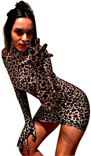 xiangliood Women's Sexy Leopard Bodycon Long Sleeve Turtle Neck Tight Mini Dress Fingers